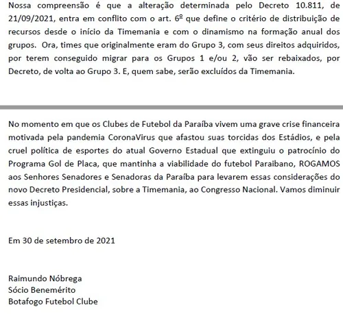 
				
					Botafogo-PB teme que decreto de Bolsonaro prejudique clube na Timemania e manda carta à bancada da Paraíba no Senado
				
				