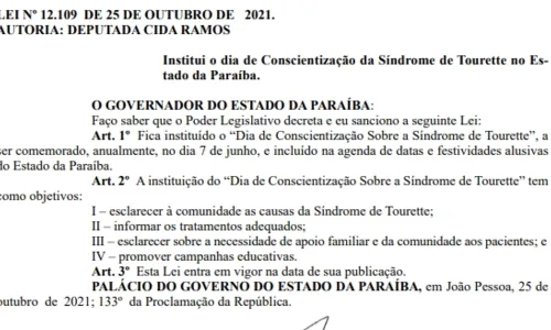 
                                        
                                            Lei cria Dia de Conscientização da Síndrome de Tourette, na Paraíba
                                        
                                        