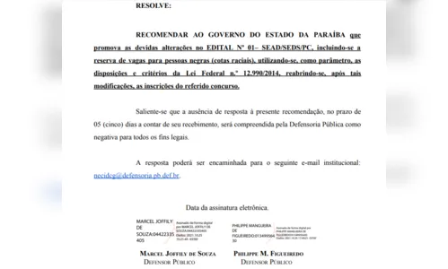 
				
					Defensoria Pública recomenda inclusão de cotas raciais em edital da Polícia Civil da Paraíba
				
				