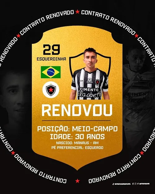 
				
					Botafogo-PB anuncia renovação com o meia Esquerdinha, quinto nome confirmado pelo clube
				
				