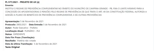 
				
					Com pedido de urgência, PMCG manda para Câmara projeto que cria Regime de Previdência Complementar
				
				