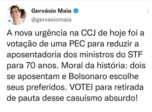 
				
					Governistas "articulam" antecipação de aposentadoria de ministros do STF para Bolsonaro indicar mais 2 nomes
				
				