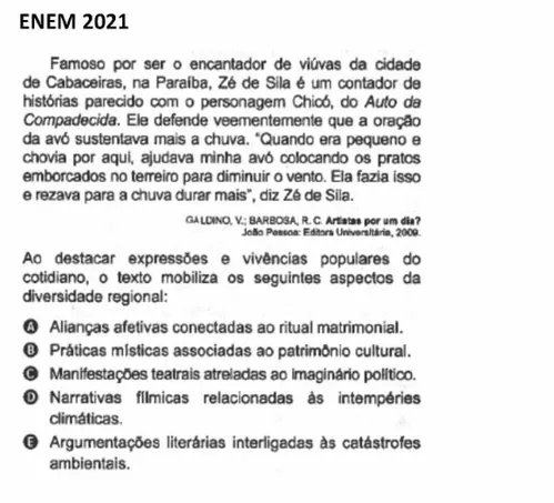 
				
					Comparado a Chicó, paraibano Zé de Cila diz que citação no Enem 2021 foi ‘melhor notícia da vida'
				
				