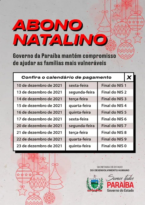 
				
					Divulgado calendário do Abono Natalino e do pagamento de servidores estaduais da Paraíba
				
				