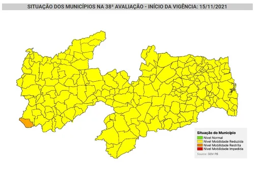 
				
					Paraíba passa a ter apenas uma cidade em bandeira laranja
				
				