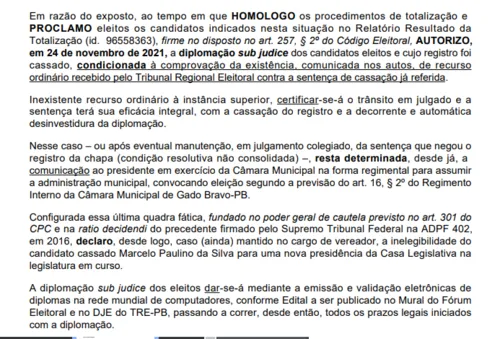 
				
					Justiça cassa chapa eleita em setembro e Gado Bravo poderá ter novas eleições
				
				