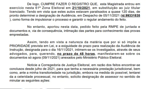 
				
					Em despacho, juíza da Paraíba dá 'sacolejo' em morosidade e diz que AIJE "está em vias de fazer aniversário de inércia"
				
				