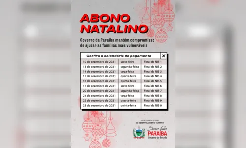 
				
					Pagamento do Abono Natalino na PB começa nesta sexta-feira
				
				