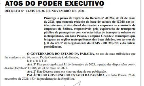 
				
					Governo prorroga redução do ICMS no diesel para transporte público na Paraíba
				
				