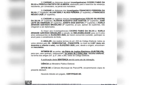 
				
					Justiça cassa mandatos de vereadores de Piancó por candidatura 'laranja'
				
				