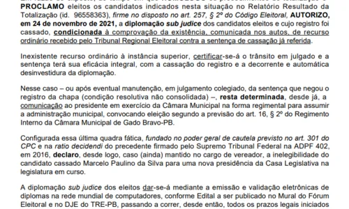 
				
					Justiça cassa chapa eleita em setembro e Gado Bravo poderá ter novas eleições
				
				