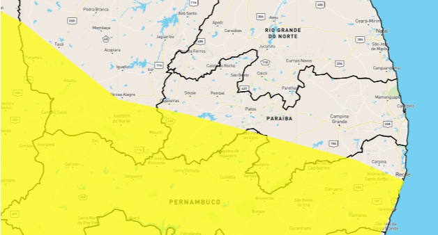 Alerta de perigo potencial de chuvas intensas é emitido pelo Inmet para 59 cidades da Paraíba