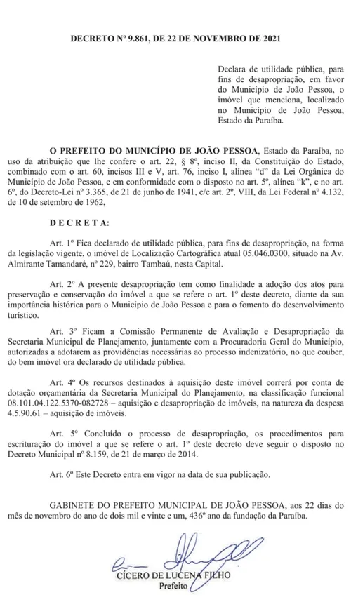 
				
					Publicado decreto que abre caminho para desapropriação do Hotel Tambaú
				
				