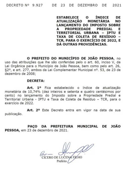 
				
					Contas de 2022: prefeitura de João Pessoa reajusta IPTU e TCR em 10,74%
				
				