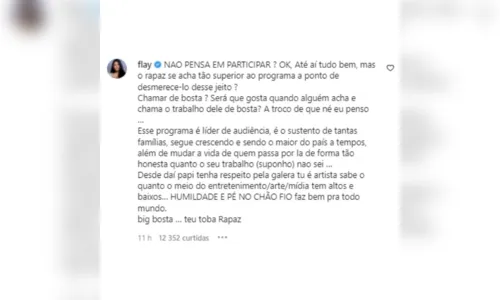 
				
					Flay critica Ícaro Silva, após comentário sobre BBB: "arrogante, prepotente, desrespeitoso"
				
				