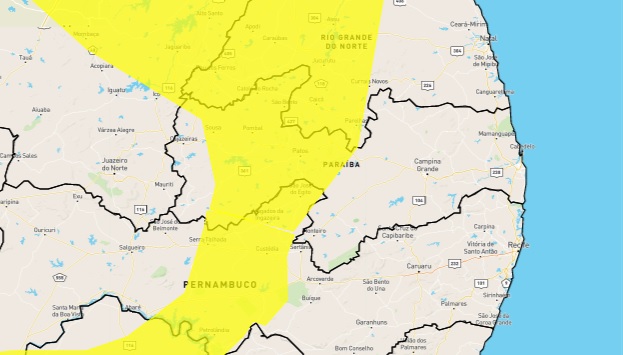 Dois alertas com perigo de chuvas intensas são emitidos pelo Inmet para 95 cidades da PB