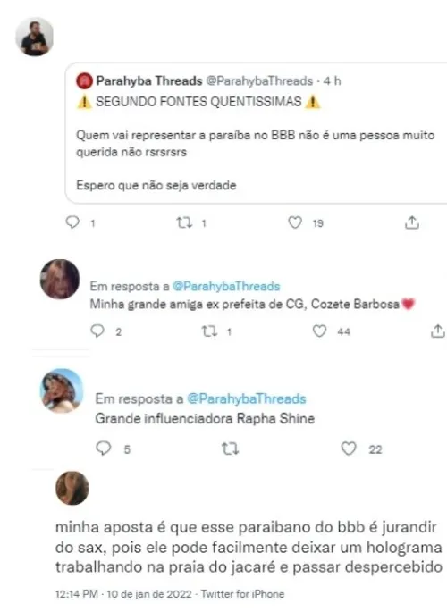 
				
					Paraibano no BBB 22: veja nomes cogitados nas redes sociais
				
				