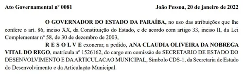 
				
					Exoneração de Ana Cláudia Vital é publicada no Diário Oficial pelo governador
				
				