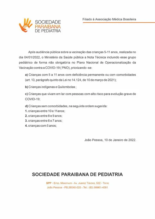 
				
					Em nota, Sociedade Paraibana de Pediatria incentiva vacinação de crianças contra Covid-19
				
				