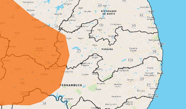 
				
					Dois alertas com perigo de chuvas intensas são emitidos pelo Inmet para 95 cidades da PB
				
				