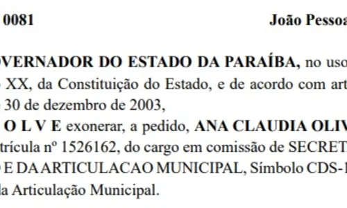 
				
					Exoneração de Ana Cláudia Vital é publicada no Diário Oficial pelo governador
				
				