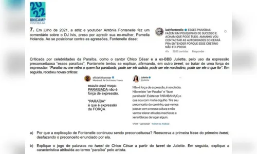 
				
					Vestibular da Unicamp cita tuítes de Juliette e Chico César que falam sobre xenofobia
				
				