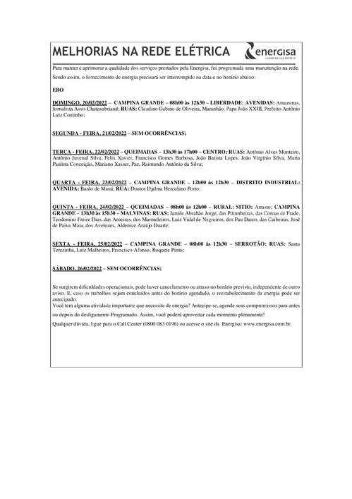 
				
					EDITAL DA ENERGISA “AVISO DE DESLIGAMENTO PROGRAMADO PARA MELHORIA DA REDE ELÉTRICA”
				
				