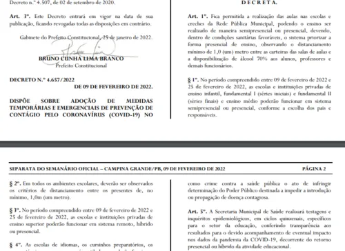 
				
					Decreto define regras para retorno das aulas em escolas públicas e privadas em Campina Grande
				
				