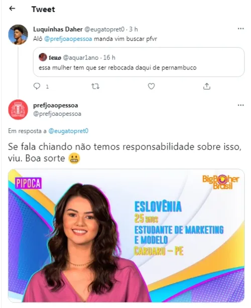 
				
					BBB: Prefeitura de João Pessoa se isenta de responsabilidade por Eslovênia nas redes sociais: 'fala chiando'
				
				