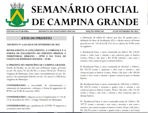 
				
					Prefeitura publica reajuste do IPTU em Campina Grande e prazos para pagamento
				
				