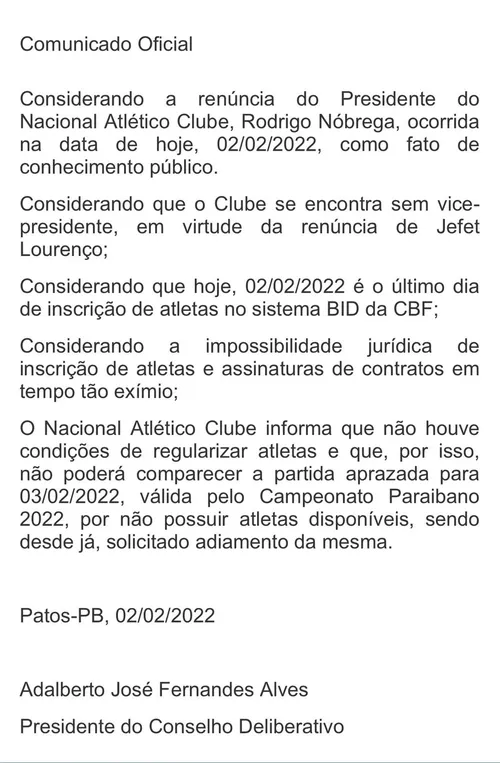 
				
					Presidente do Campinense lamenta ausência do Nacional de Patos para jogo e fala em prejuízo para a Raposa
				
				