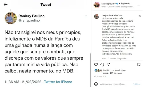 
				
					Em rede social, Raniery Paulino anuncia saída do MDB
				
				