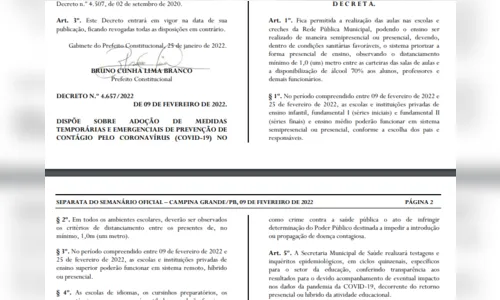 
				
					Decreto define regras para retorno das aulas em escolas públicas e privadas em Campina Grande
				
				