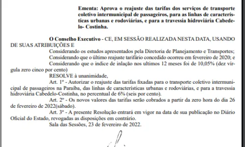 
				
					Na Paraíba: DER autoriza reajuste nas passagens de ônibus intermunicipais a partir deste sábado
				
				