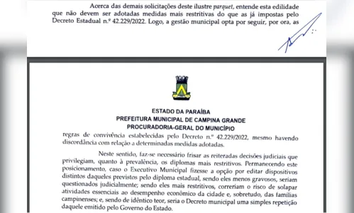 
				
					Resposta ao MP: prefeitura de Campina não concorda com mais restrições, mas não descarta novo decreto
				
				