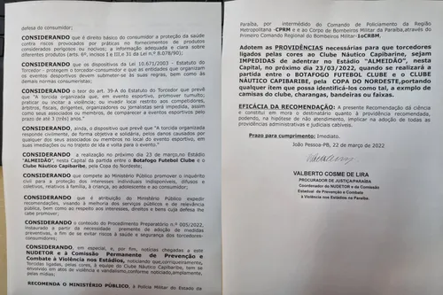 
				
					Ministério Público da Paraíba recomenda veto de torcida do Náutico na partida contra o Botafogo-PB, pelo Nordestão
				
				