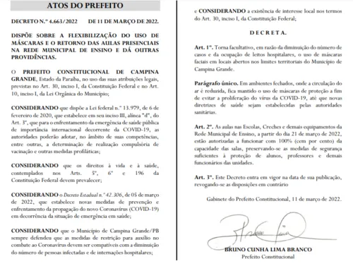 
				
					Decisão do TJ retoma uso obrigatório de máscaras, mas aulas 100% presenciais estão mantidas em Campina
				
				