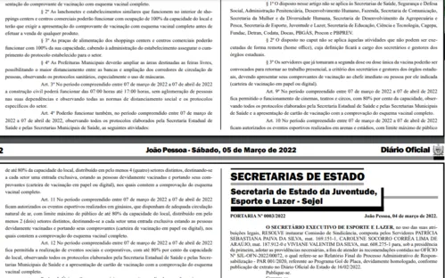 
				
					Decreto libera 100% de público em igrejas, bares e restaurantes paraibanos
				
				