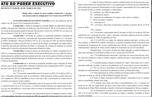 
				
					Decreto libera 100% de público em igrejas, bares e restaurantes paraibanos
				
				