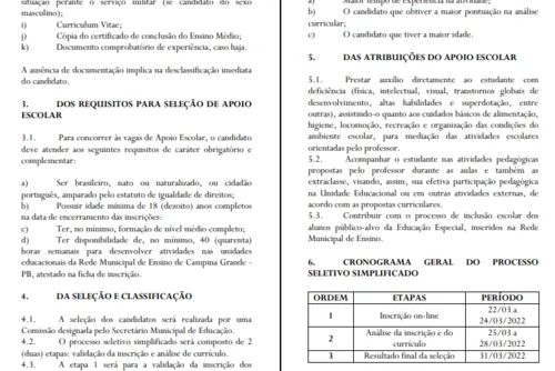 
				
					Prefeitura de Campina Grande publica edital para contratar cuidadores escolares; veja regras e vagas
				
				