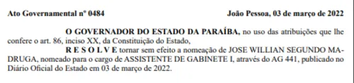 
				
					Após registro do Blog, Governo torna sem efeito nomeação de ex-prefeito paraibano
				
				