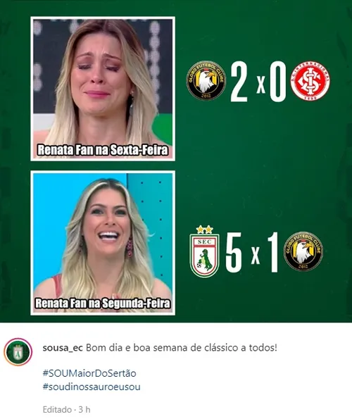 
				
					Sousa atropela Globo FC pela Copa do Nordeste, entra na onda da torcida e provoca Internacional nas redes sociais
				
				