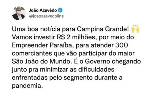 
				
					João Azevêdo anuncia crédito de R$ 2 milhões para comerciantes do São João 2022 de Campina Grande
				
				