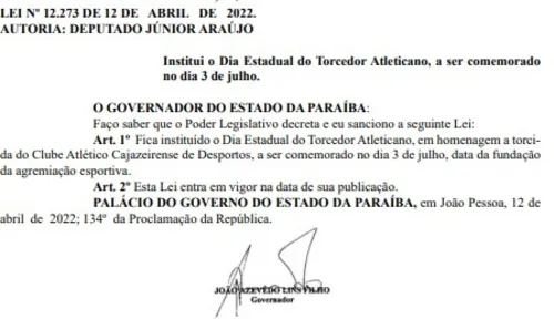 
				
					Lei estadual cria o "Dia do Torcedor Atleticano"; entenda a justificativa e quem foi o autor do projeto
				
				