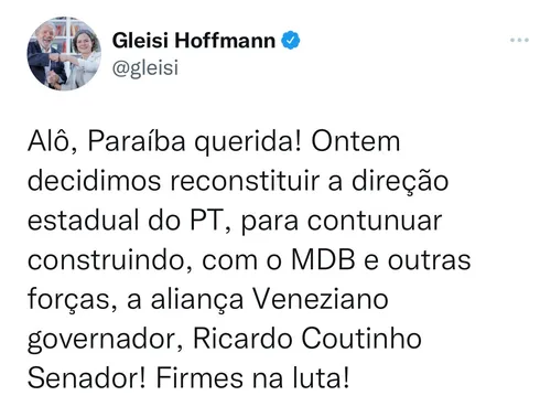 
				
					Em vídeo, Lula diz que vem à Paraíba pedir voto para aliança do PT com Veneziano
				
				