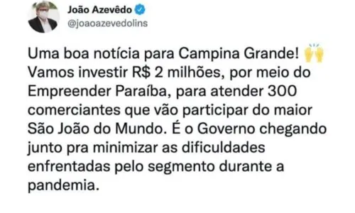 
				
					João Azevêdo anuncia crédito de R$ 2 milhões para comerciantes do São João 2022 de Campina Grande
				
				