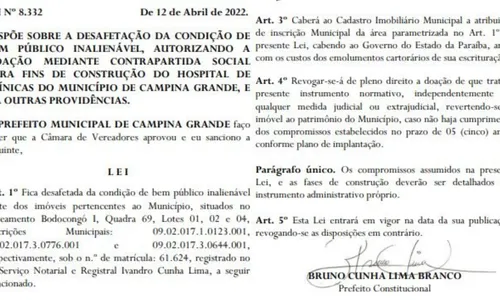 
                                        
                                            Bruno sanciona lei com doação de terreno para construção de Hospital de Clínicas em Campina Grande
                                        
                                        