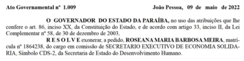 
				
					Roseana Meira é exonerada da Secretaria Executiva de Economia Solidária
				
				