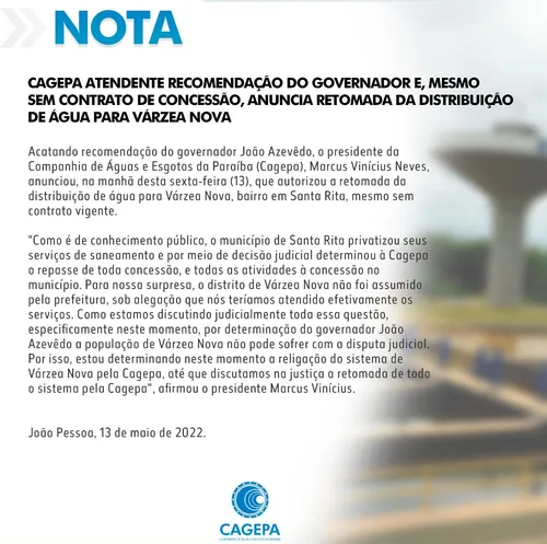 
				
					Prefeitura de Santa Rita vai entrar na Justiça para garantir manutenção do abastecimento de água em Várzea Nova
				
				