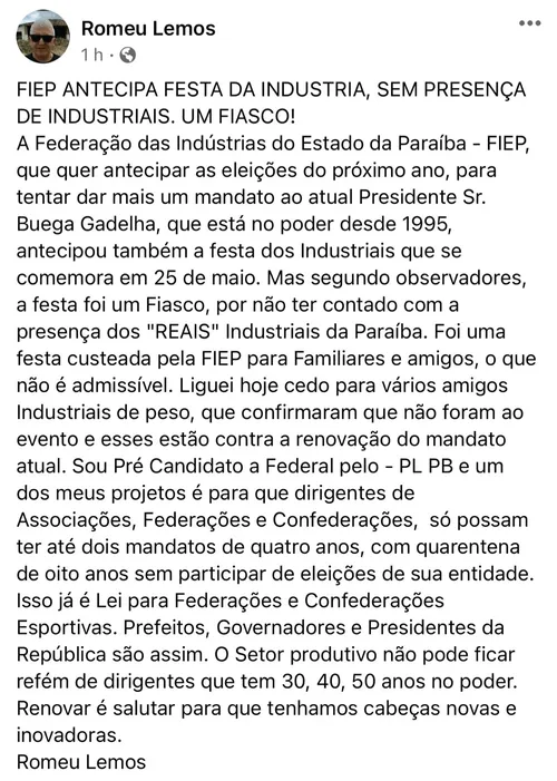 
				
					'Diálogo empresarial' da Fiep: muitos políticos e baixo quórum de industriais paraibanos
				
				